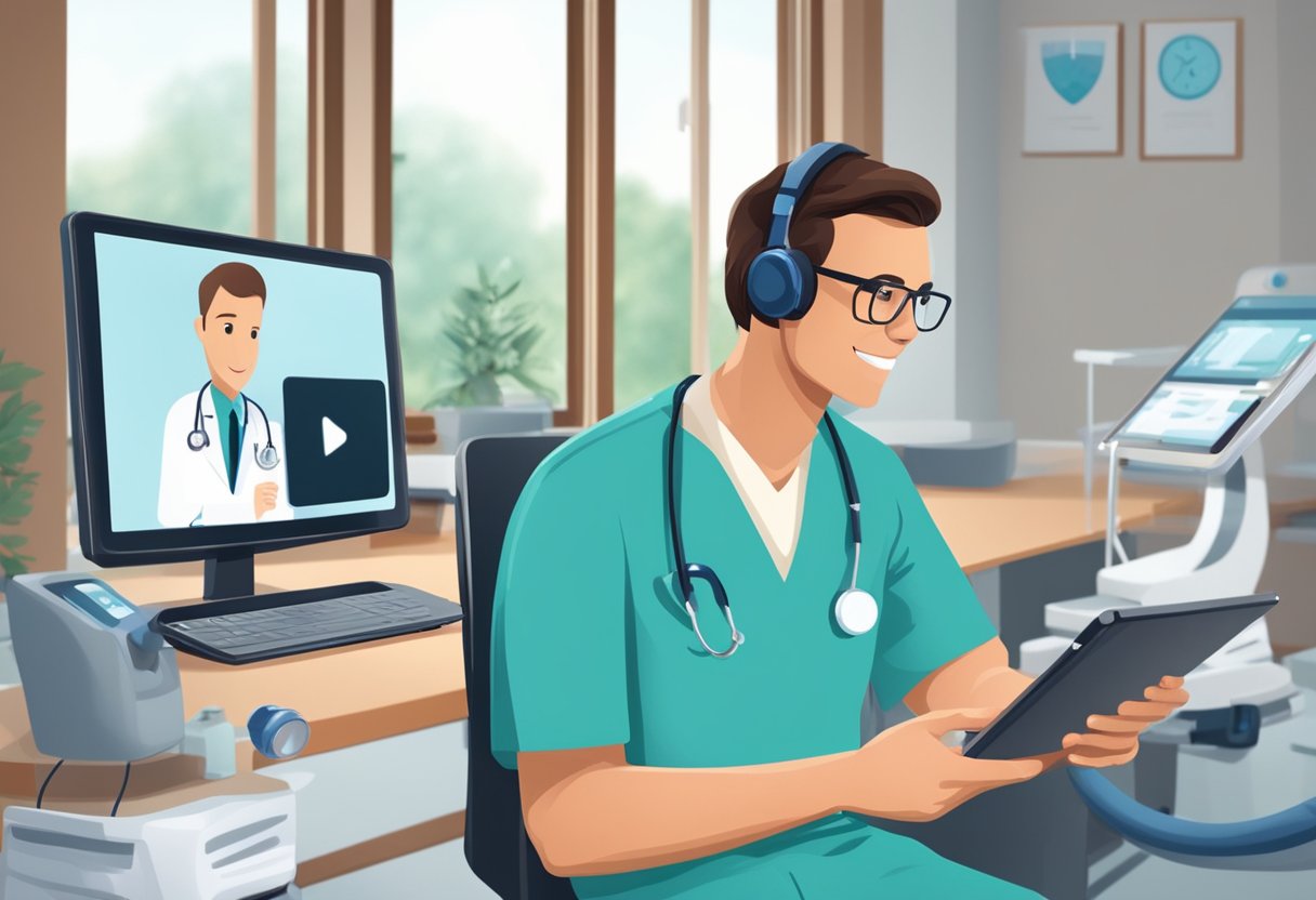 Um médico usando um tablet para fazer videochamada com um paciente, enquanto equipamentos médicos e um computador são visíveis ao fundo.