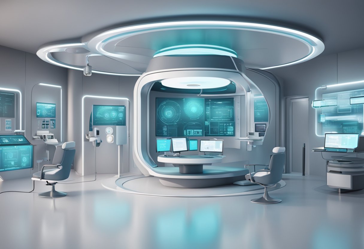 Uma estação de telemedicina futurista com tecnologia avançada e dispositivos de comunicação