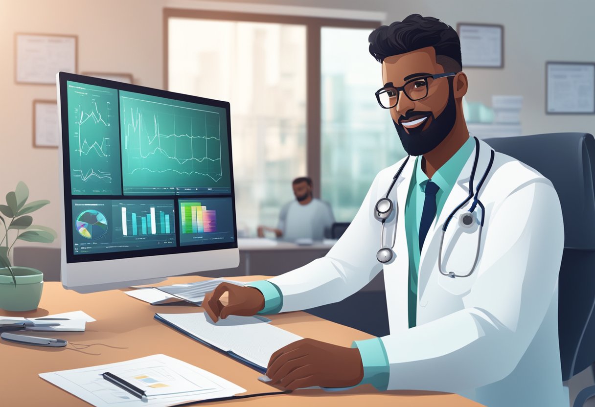 Um médico sentado em uma mesa, usando um computador para se comunicar com um paciente por meio de uma videochamada. Um prontuário médico e um estetoscópio são visíveis ao fundo.
