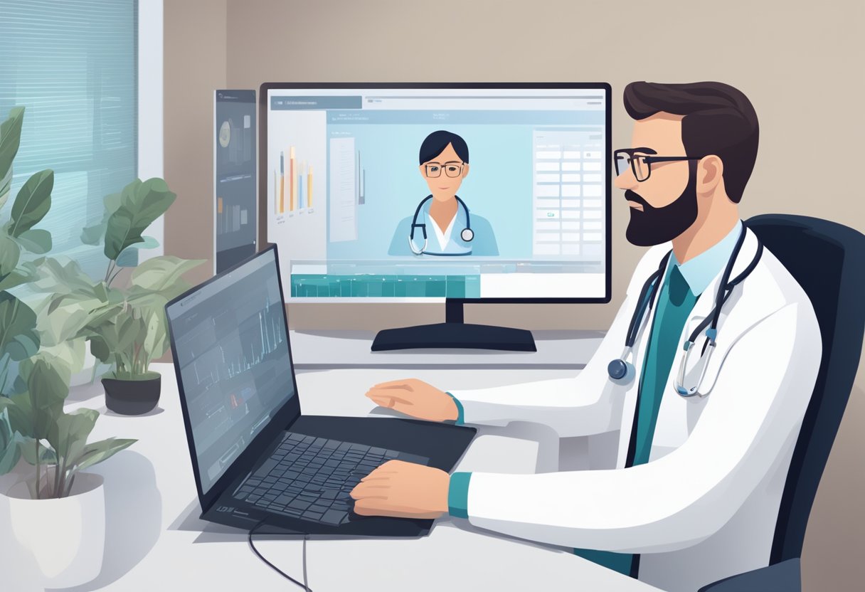 Um médico realizando uma consulta virtual com um paciente na tela do computador, com uma lista de preços visível para serviços de telemedicina ao fundo.