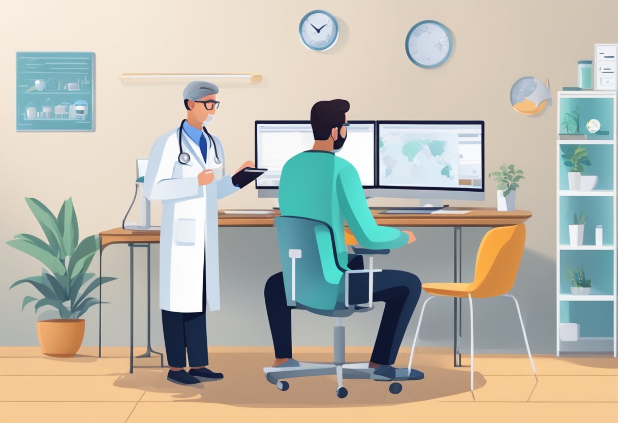 Um médico e um paciente participam de uma consulta médica virtual, com um computador, webcam e equipamentos médicos visíveis ao fundo.