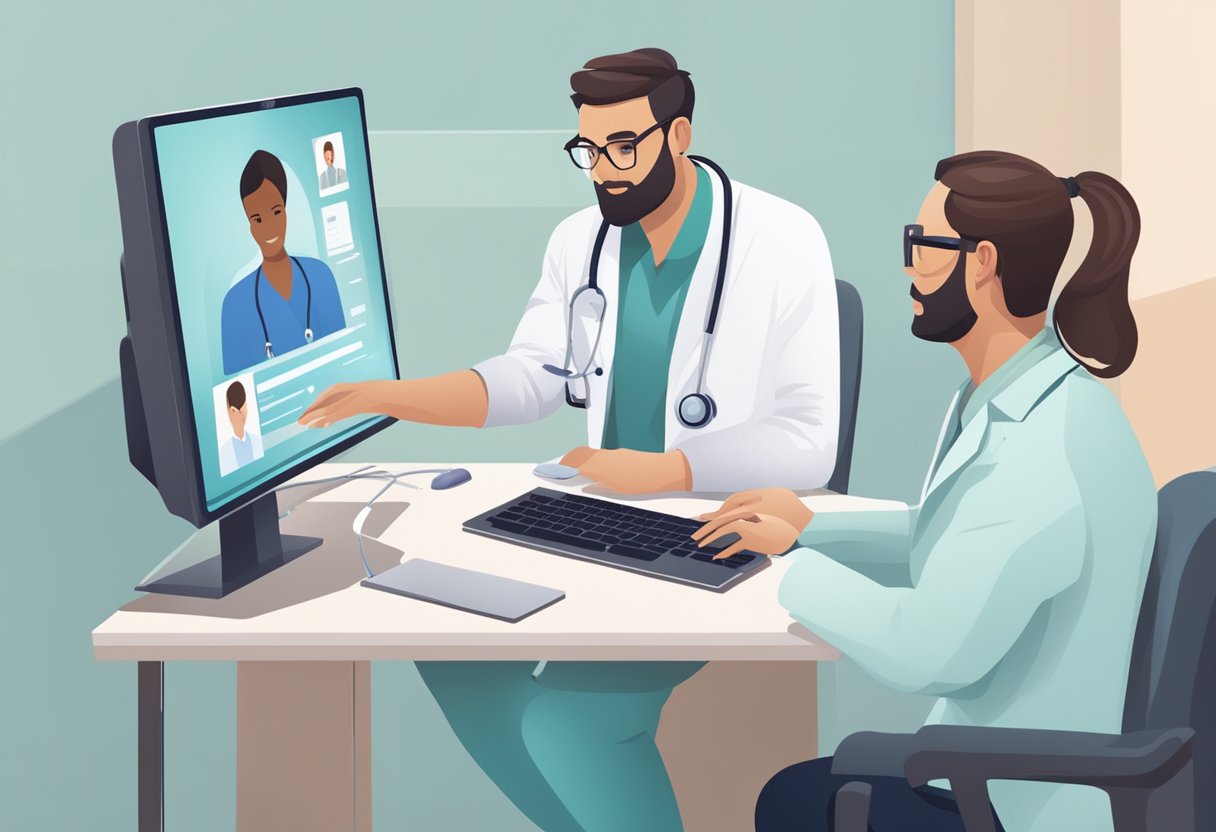 Um médico realizando uma consulta virtual com um paciente usando um computador e uma plataforma de telemedicina