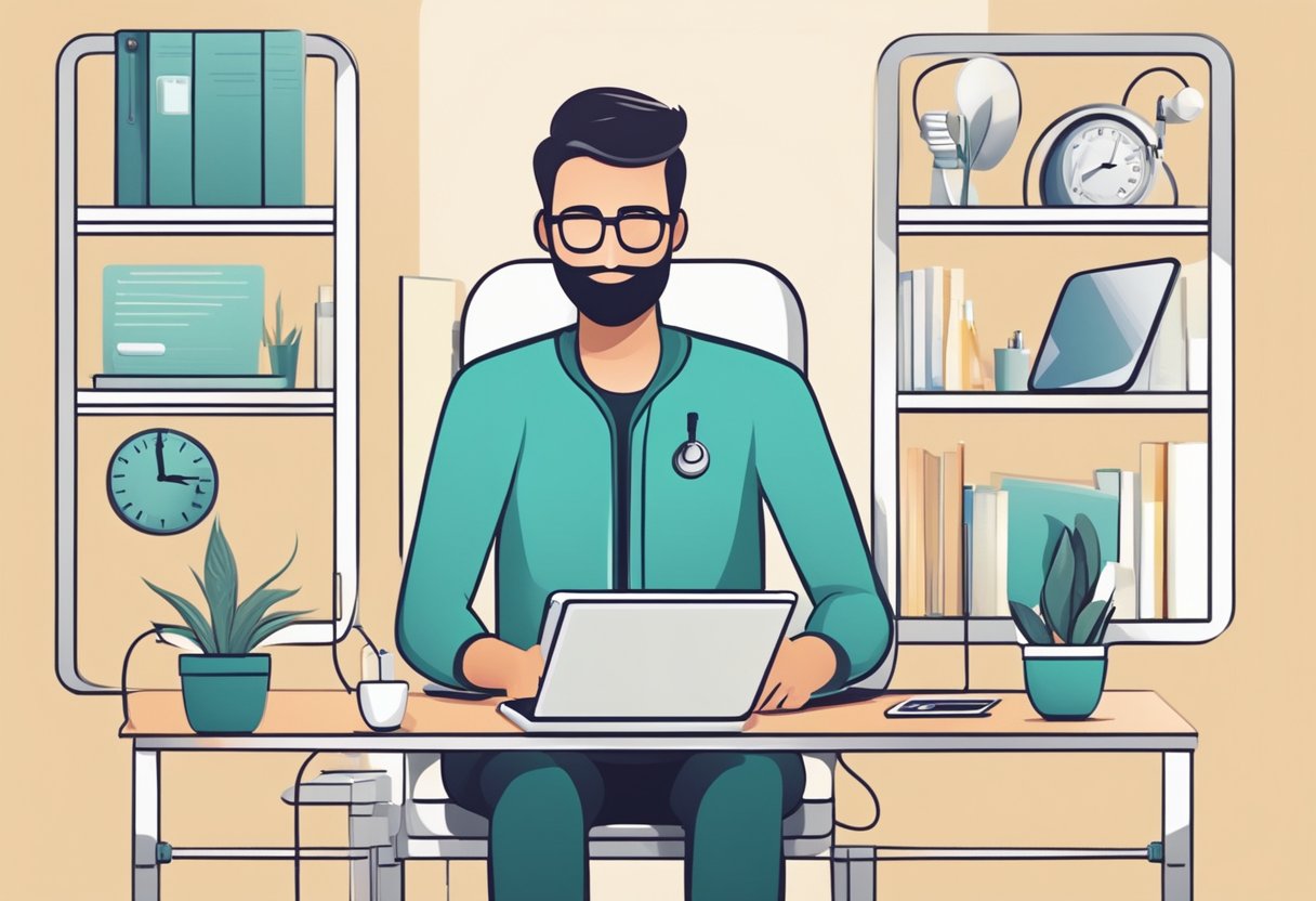 Uma pessoa sentada em casa, usando um laptop ou smartphone para consultar um médico através de um aplicativo de telemedicina, com uma sensação de conveniência e facilidade.