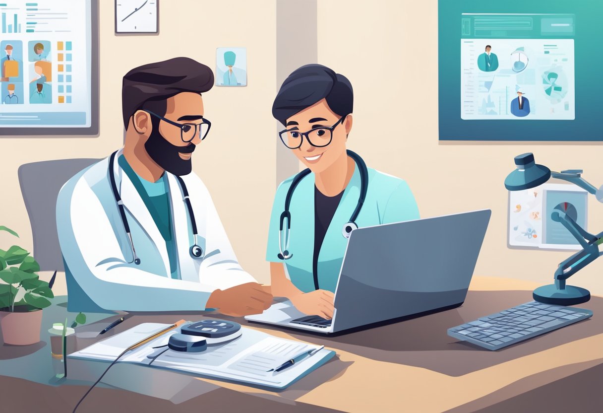 Uma videochamada entre um médico e um paciente em laptops, cercados por equipamentos médicos e gráficos.