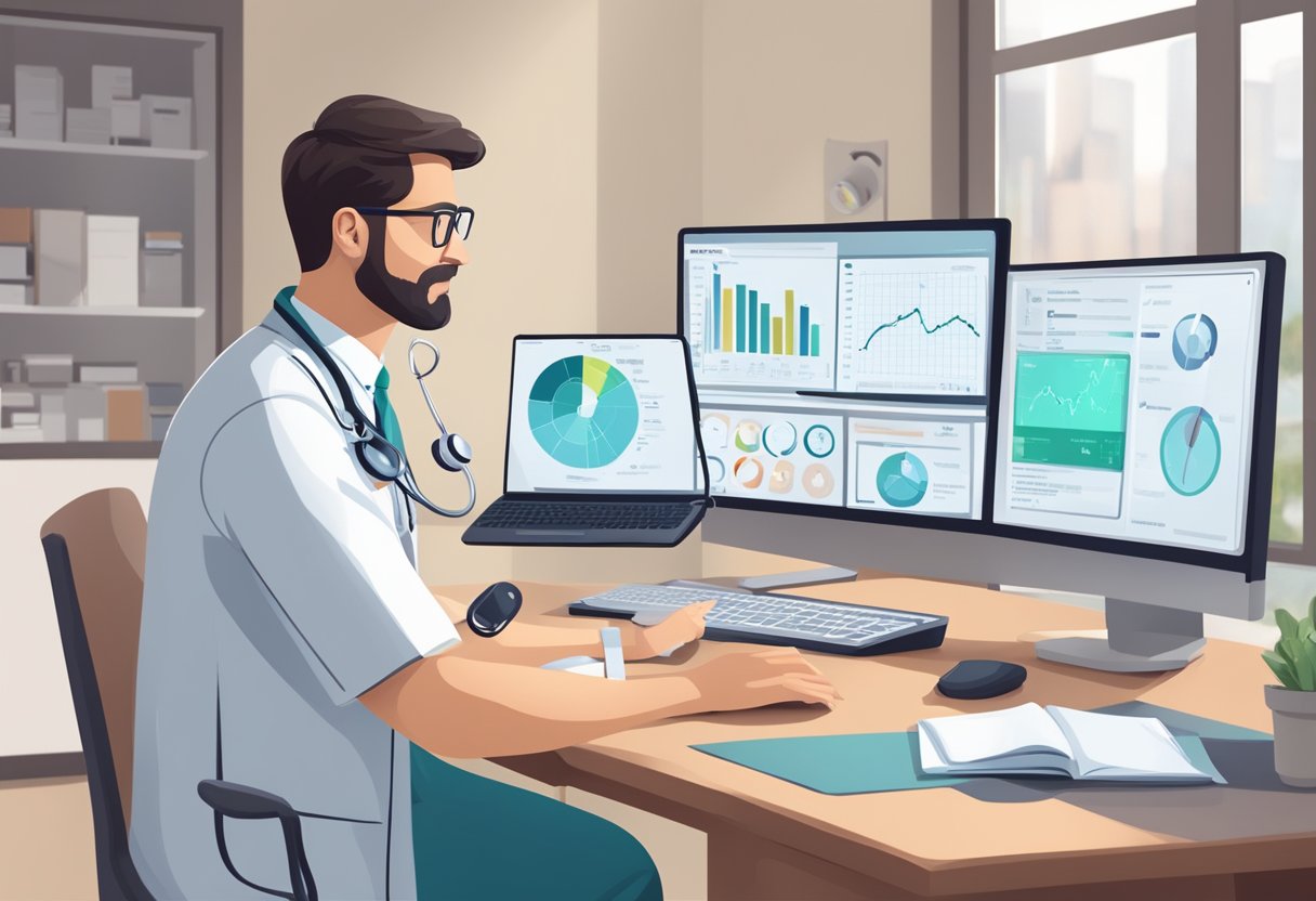 Um médico realizando uma consulta de telemedicina, com uma tela de computador exibindo gráficos médicos e um estetoscópio repousando sobre a mesa.
