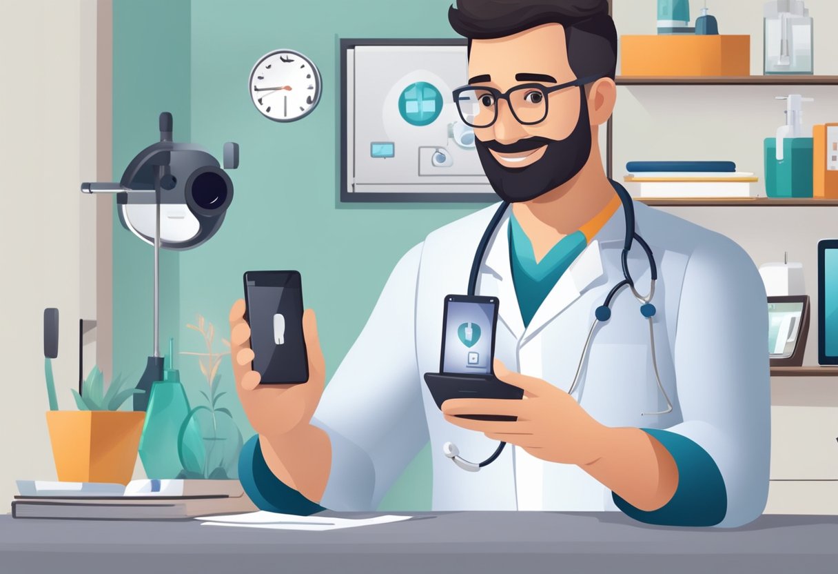 Um médico usando um smartphone para fazer uma videochamada com um paciente, com equipamentos médicos ao fundo.