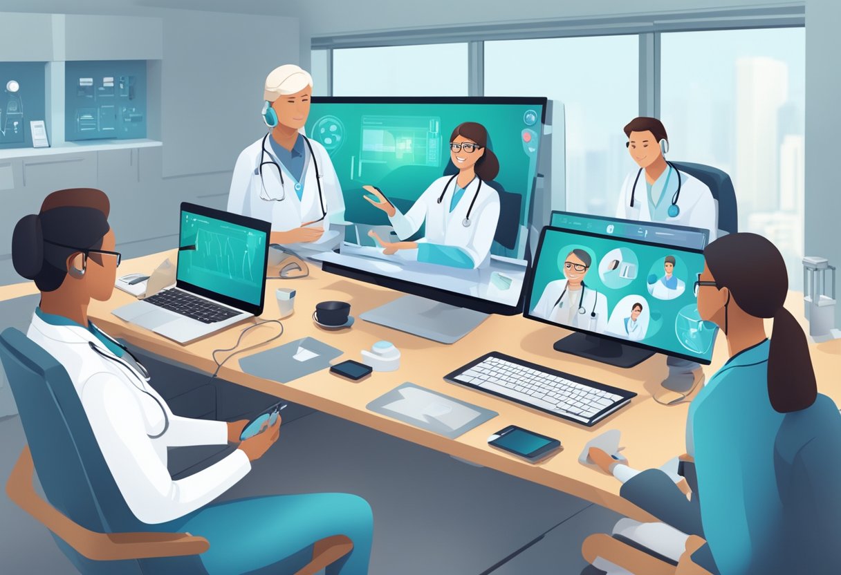 Um grupo de profissionais de saúde participando de uma consulta de telemedicina via WhatsApp, com equipamentos e tecnologia médica visíveis ao fundo.
