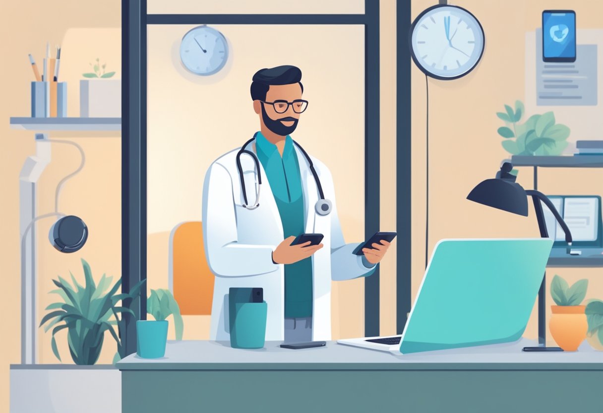 Um médico realizando uma consulta de telemedicina via WhatsApp, com um paciente na tela de um smartphone, enquanto equipamentos médicos e um laptop são visíveis ao fundo.