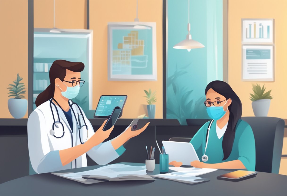 Um médico e um paciente se comunicam por videochamada em seus smartphones, com equipamentos médicos e um ambiente confortável ao fundo.