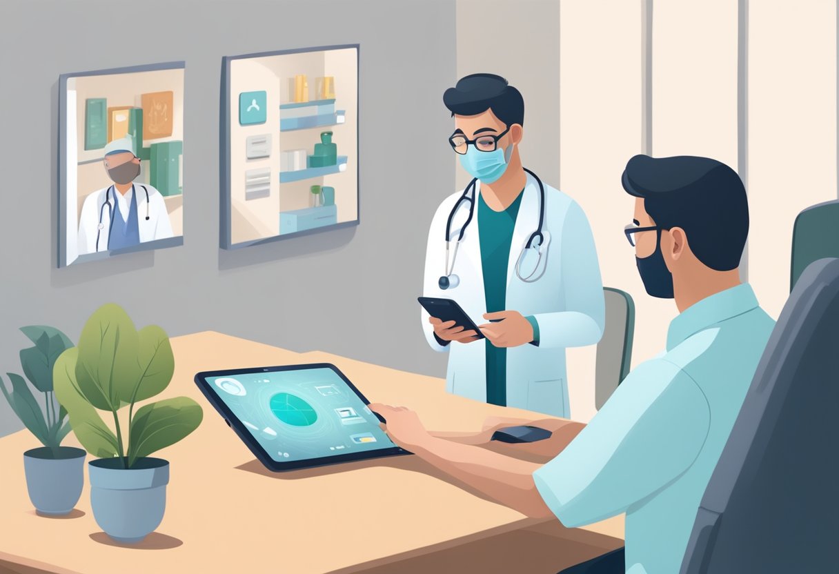 Um médico usando um smartphone para se comunicar de forma segura com um paciente através de um aplicativo de telemedicina.