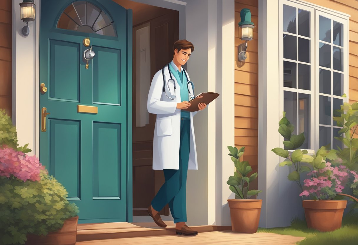 Um médico fazendo uma visita domiciliar, carregando uma maleta médica e um estetoscópio, parado na porta de uma casa aconchegante com uma atmosfera acolhedora.