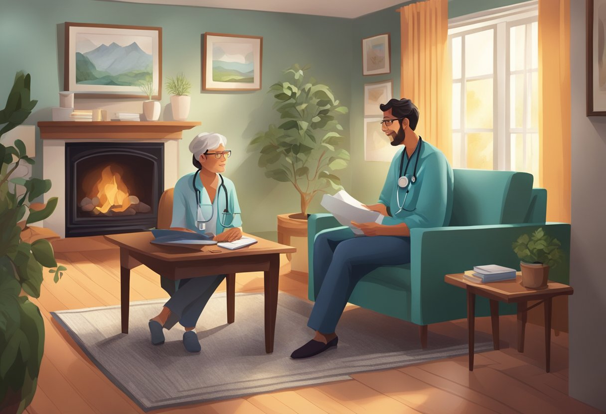 Um médico fazendo uma visita domiciliar, carregando uma bolsa médica e conversando com um paciente em um ambiente aconchegante de sala de estar.