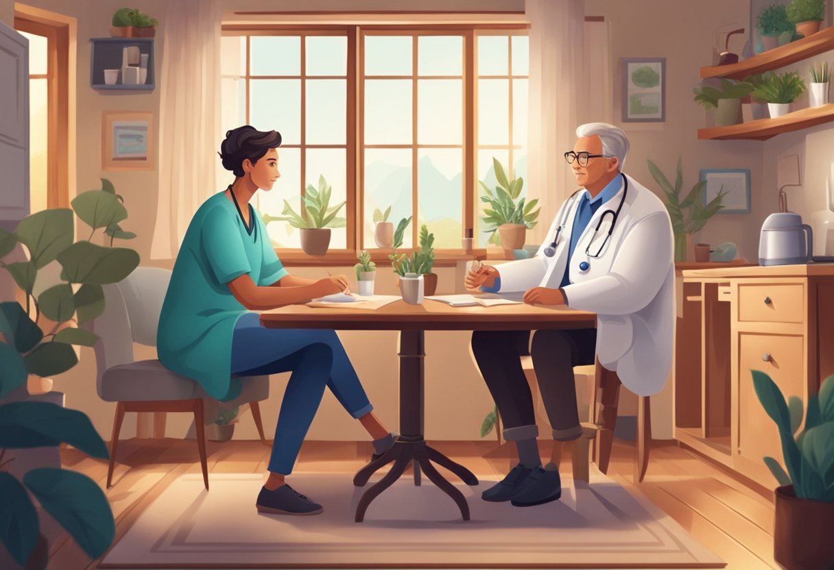 Um médico e um paciente sentados à mesa, discutindo questões médicas e construindo confiança em um ambiente acolhedor de casa.