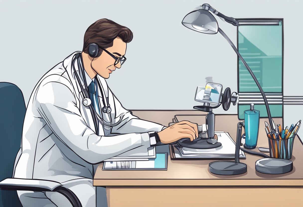 Um médico sentado em uma mesa com um estetoscópio e equipamentos médicos, conversando com um paciente.