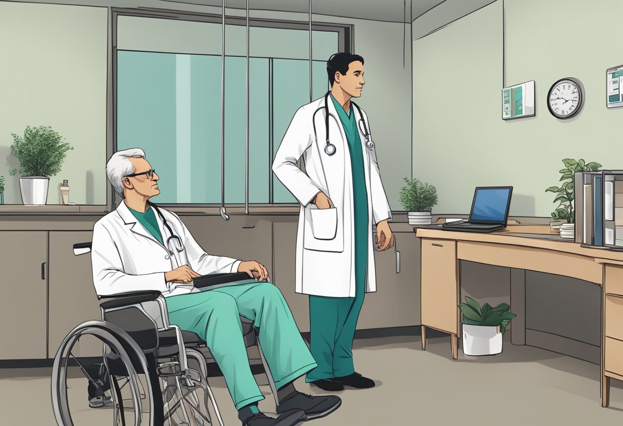 Um médico se aproximando de um paciente sentado em um ambiente clínico