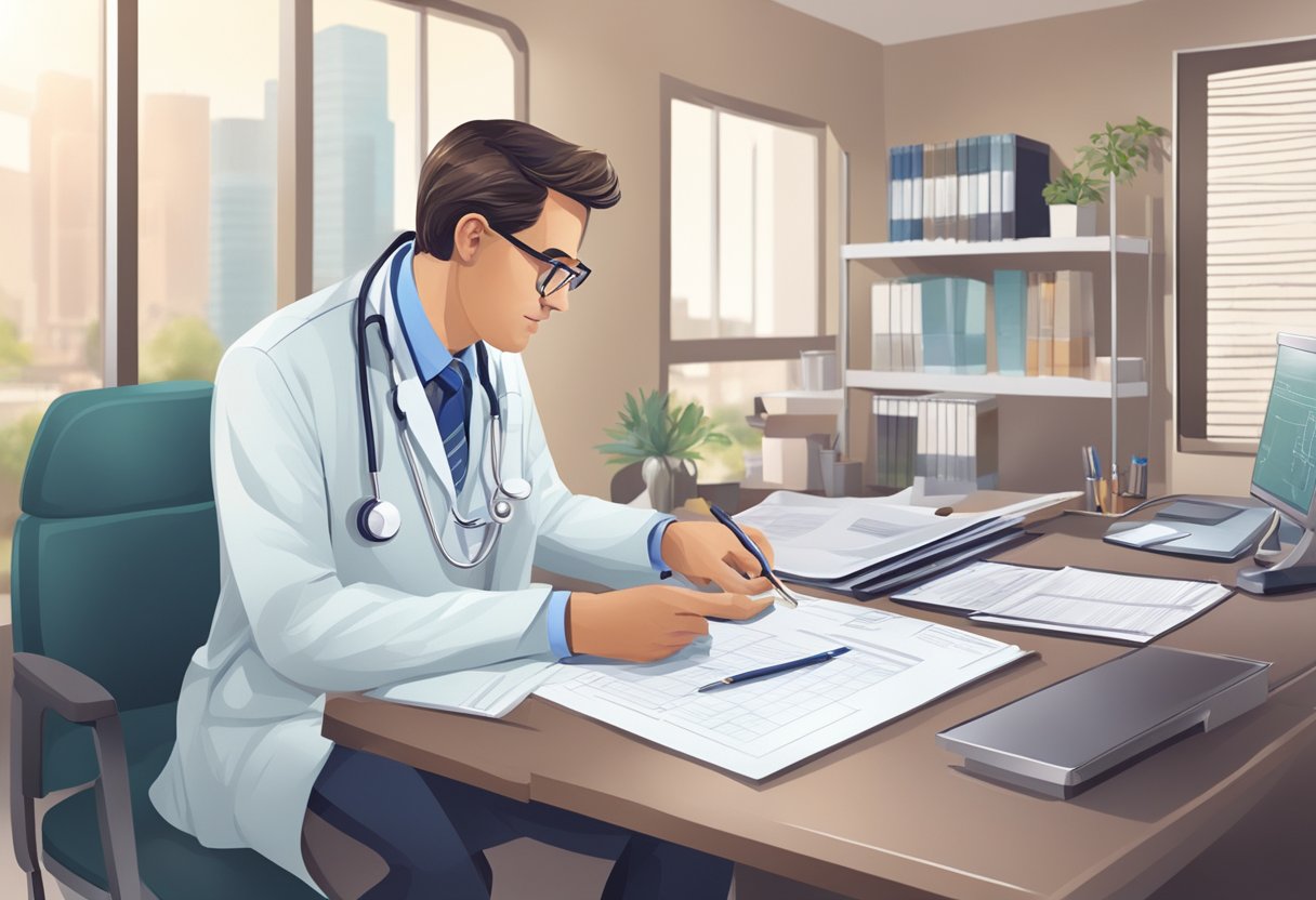 Um médico consultando um paciente em um consultório médico. Um estetoscópio, prontuários médicos e um computador estão na mesa.