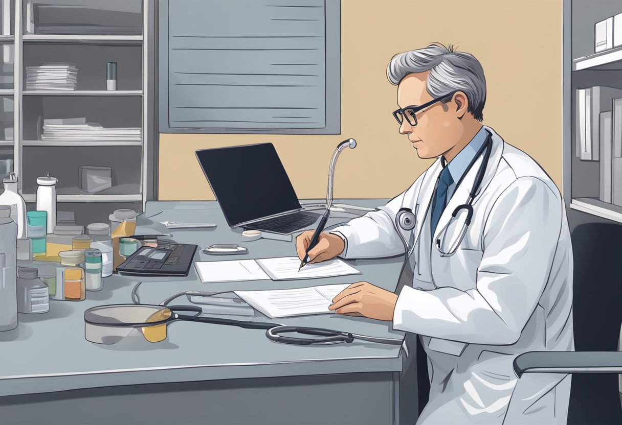 Um médico escrevendo prescrições médicas em uma mesa em um ambiente clínico. Um estetoscópio e equipamentos médicos estão visíveis na mesa.