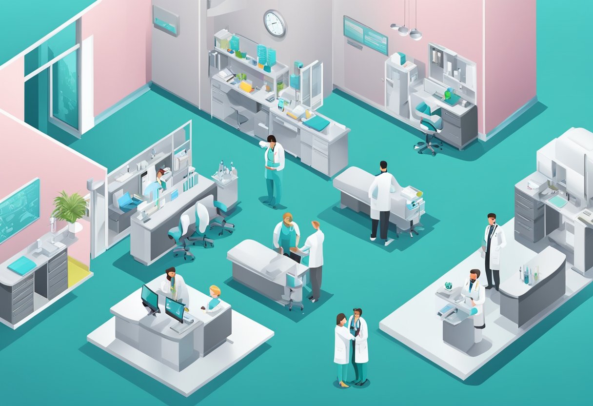 Uma clínica médica com vários departamentos e médicos especializados oferecendo atendimento abrangente