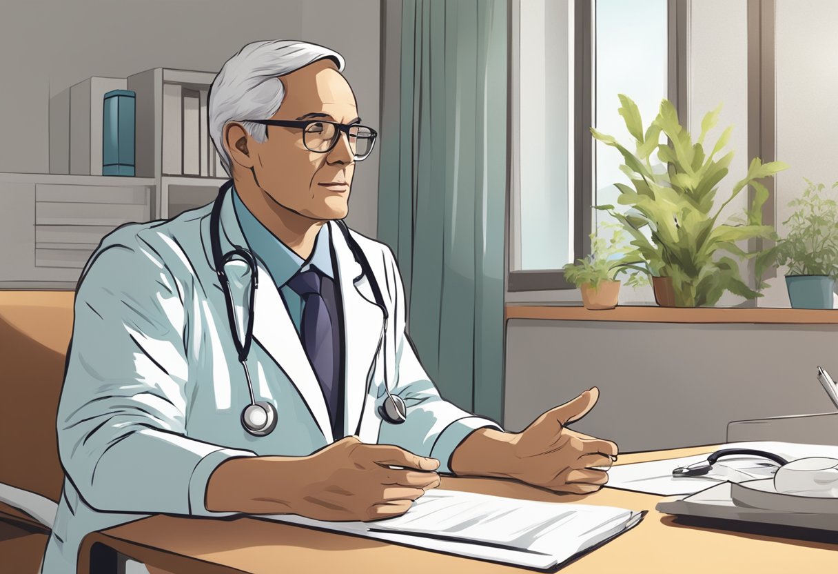 Um médico e um paciente sentados um de frente para o outro, engajados em uma conversa. O médico está ouvindo atentamente enquanto o paciente gesticula e fala.