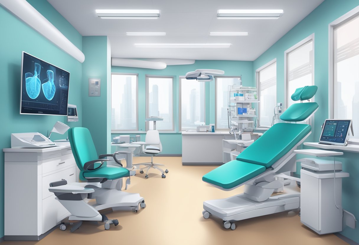 Uma clínica médica com equipamentos e tecnologia modernos, incluindo telas digitais, ferramentas de diagnóstico e uma área de exame confortável para pacientes.