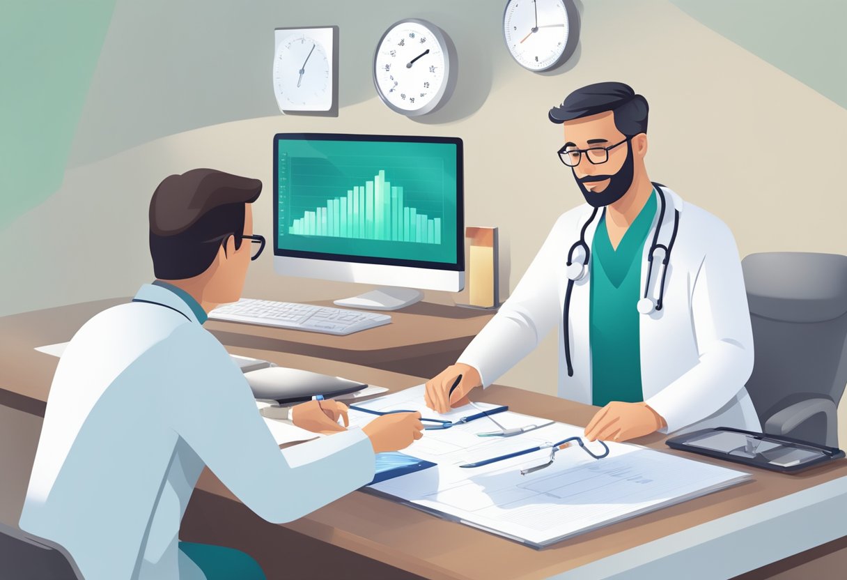 Um médico realizando um exame de saúde com equipamentos médicos e o histórico médico de um paciente em uma mesa