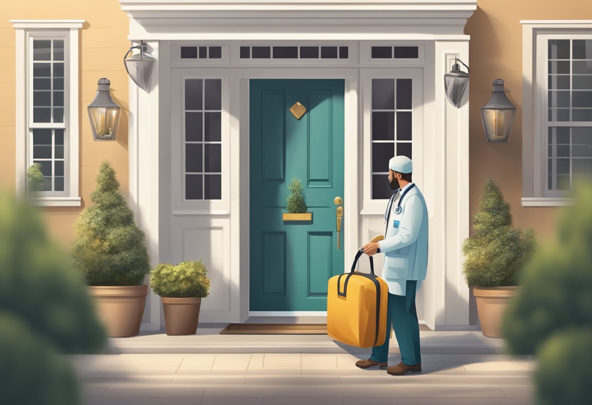 Um médico fazendo uma visita domiciliar, carregando uma maleta médica, parado na porta da frente de uma casa aconchegante com uma atmosfera acolhedora.