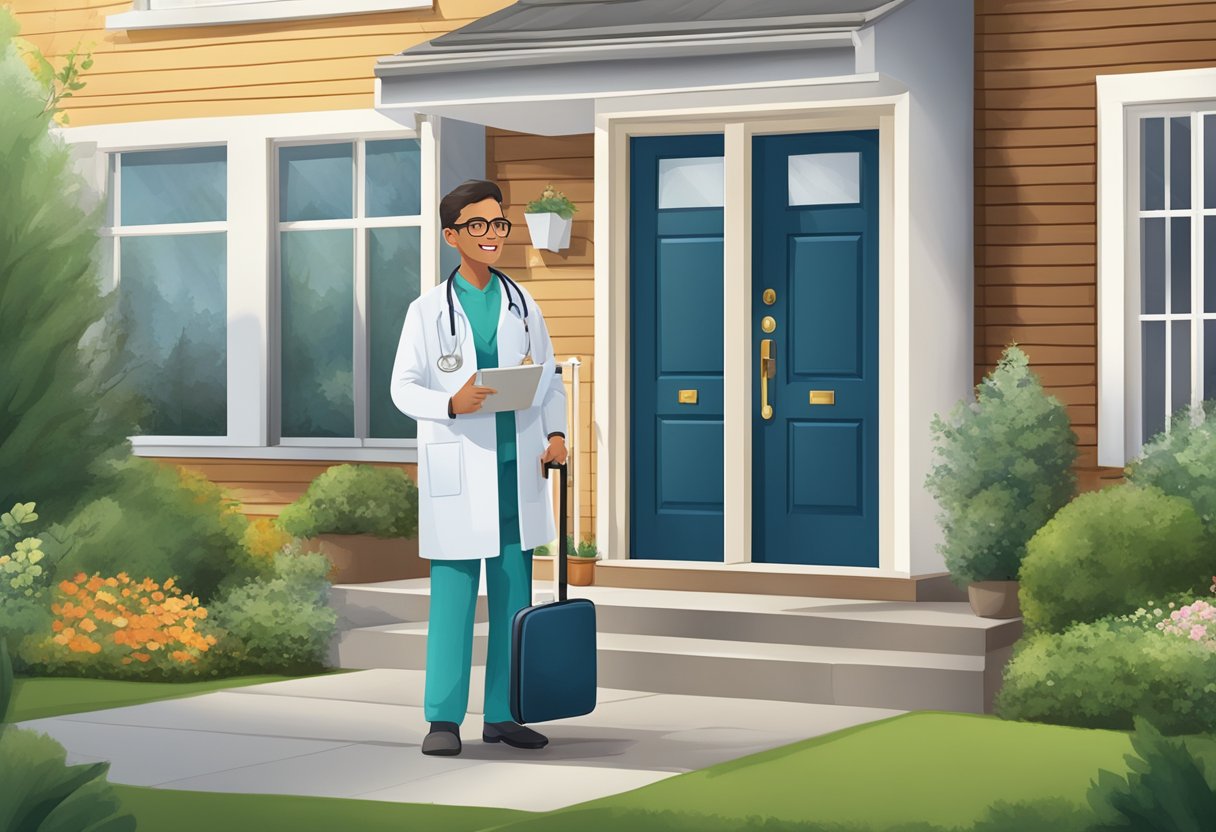 Um médico fazendo uma visita domiciliar, carregando uma mala médica, parado na porta da frente de uma casa