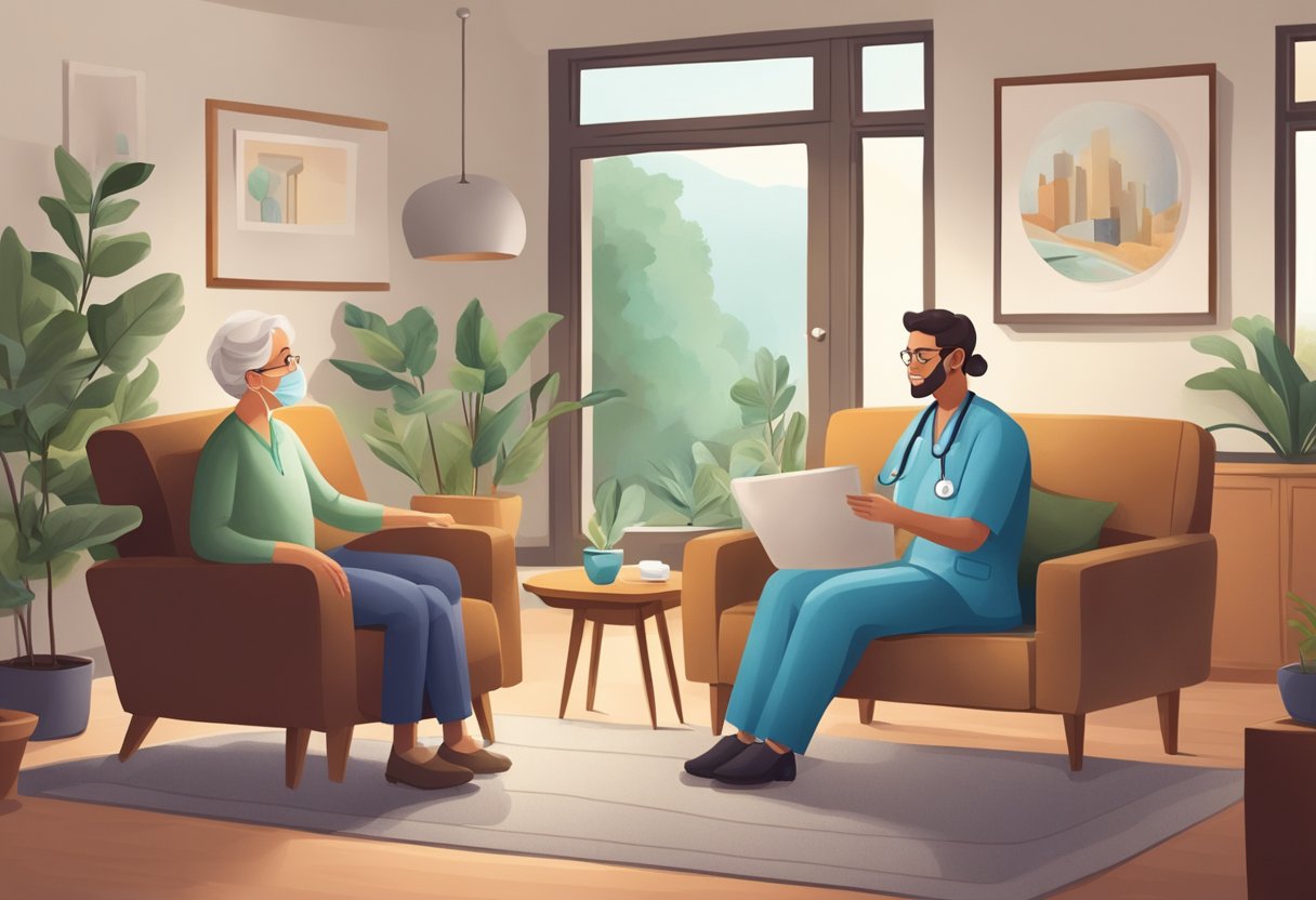 Um médico fazendo uma visita domiciliar, carregando uma bolsa médica e conversando com um paciente em uma sala de estar aconchegante