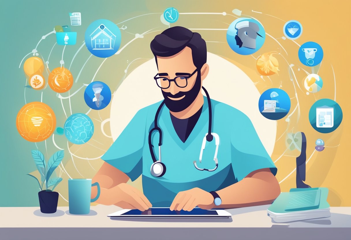 Um médico usando um tablet para se conectar com um paciente em casa, cercado por vários logotipos de planos de saúde.