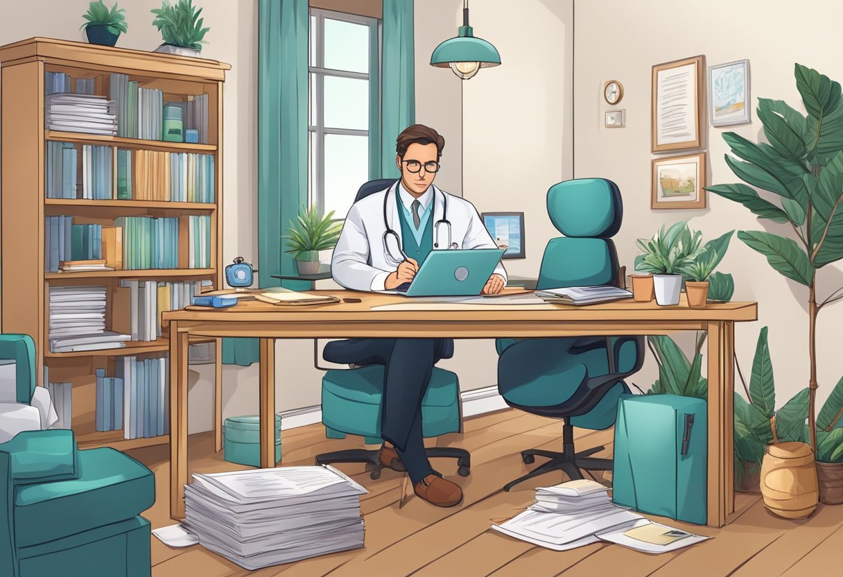 Um médico fazendo anotações finais em um escritório em casa, cercado por equipamentos médicos e um ambiente confortável.