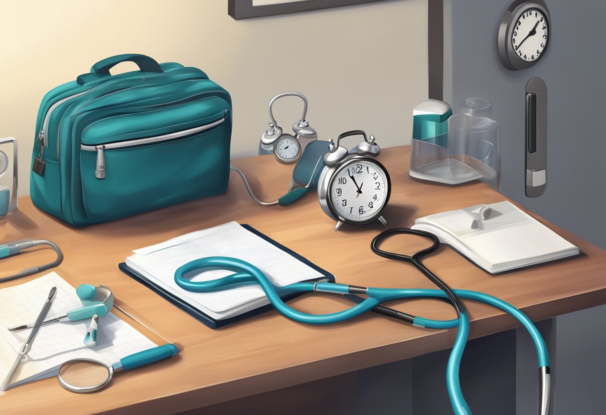 Um estetoscópio e uma bolsa médica de um médico em uma mesa de cabeceira, com um relógio mostrando a hora como 3:00 da manhã