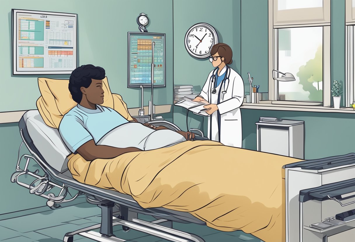 Um médico prestando atendimento médico a qualquer hora, com um relógio mostrando disponibilidade 24 horas.