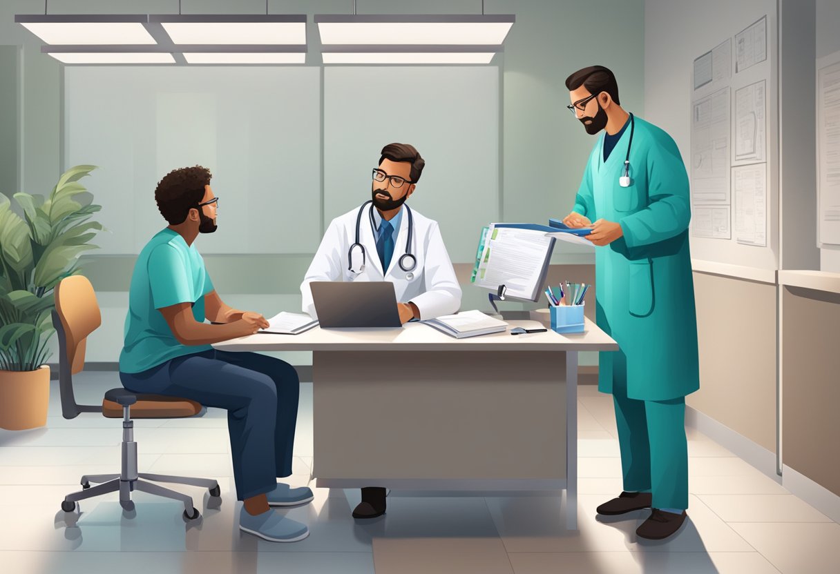 Um médico consultando um paciente em uma clínica médica de 24 horas