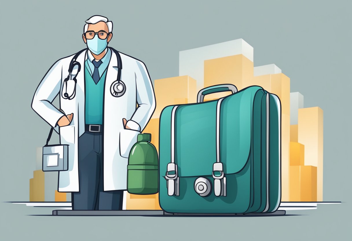 Um médico em pé ao lado de uma bolsa médica, com um relógio mostrando a hora no formato de 24 horas ao fundo.