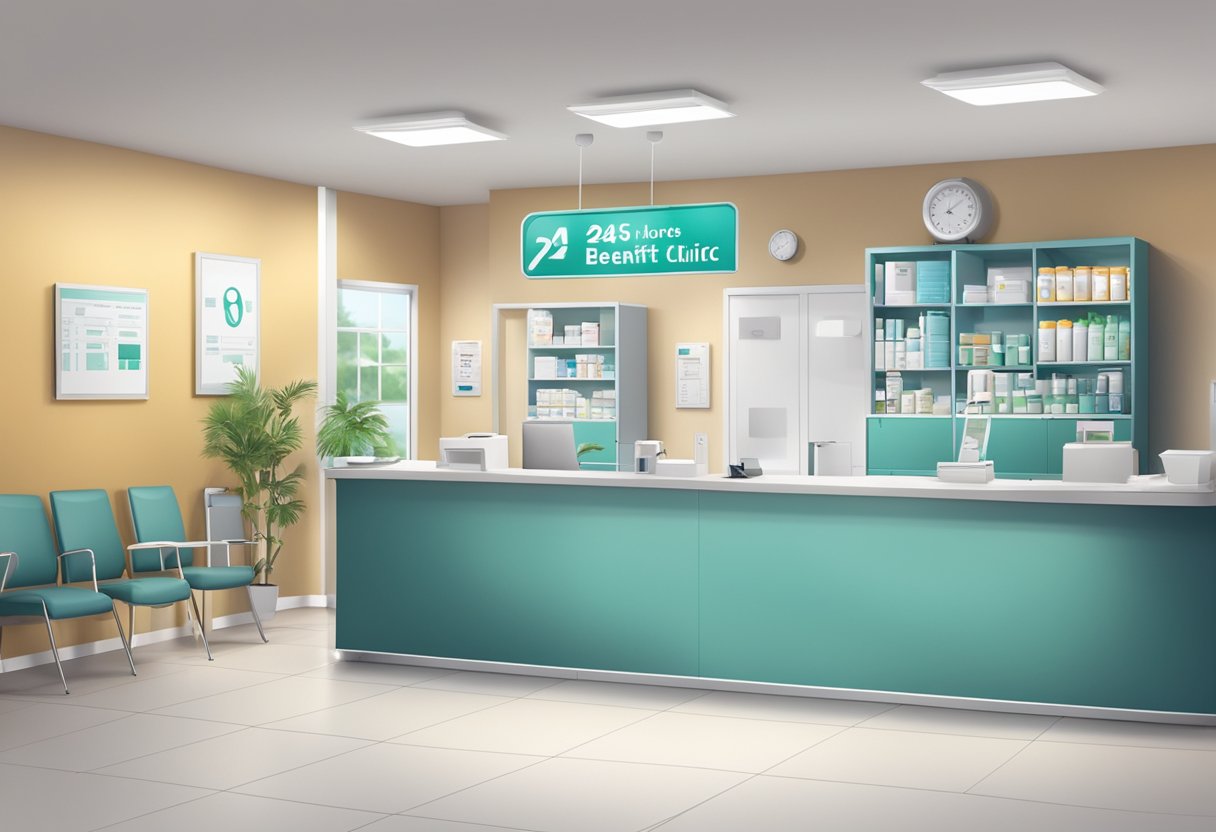 Uma clínica médica moderna e iluminada com uma placa de atendimento 24 horas e várias opções de descontos e benefícios exibidas.