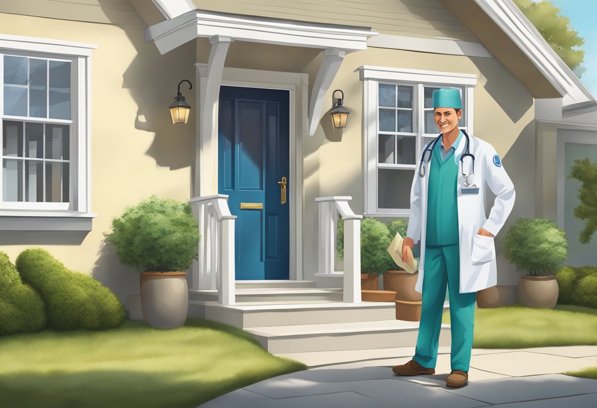 Um médico fazendo uma visita domiciliar, carregando uma maleta médica e usando um estetoscópio, está na porta da frente de uma casa.