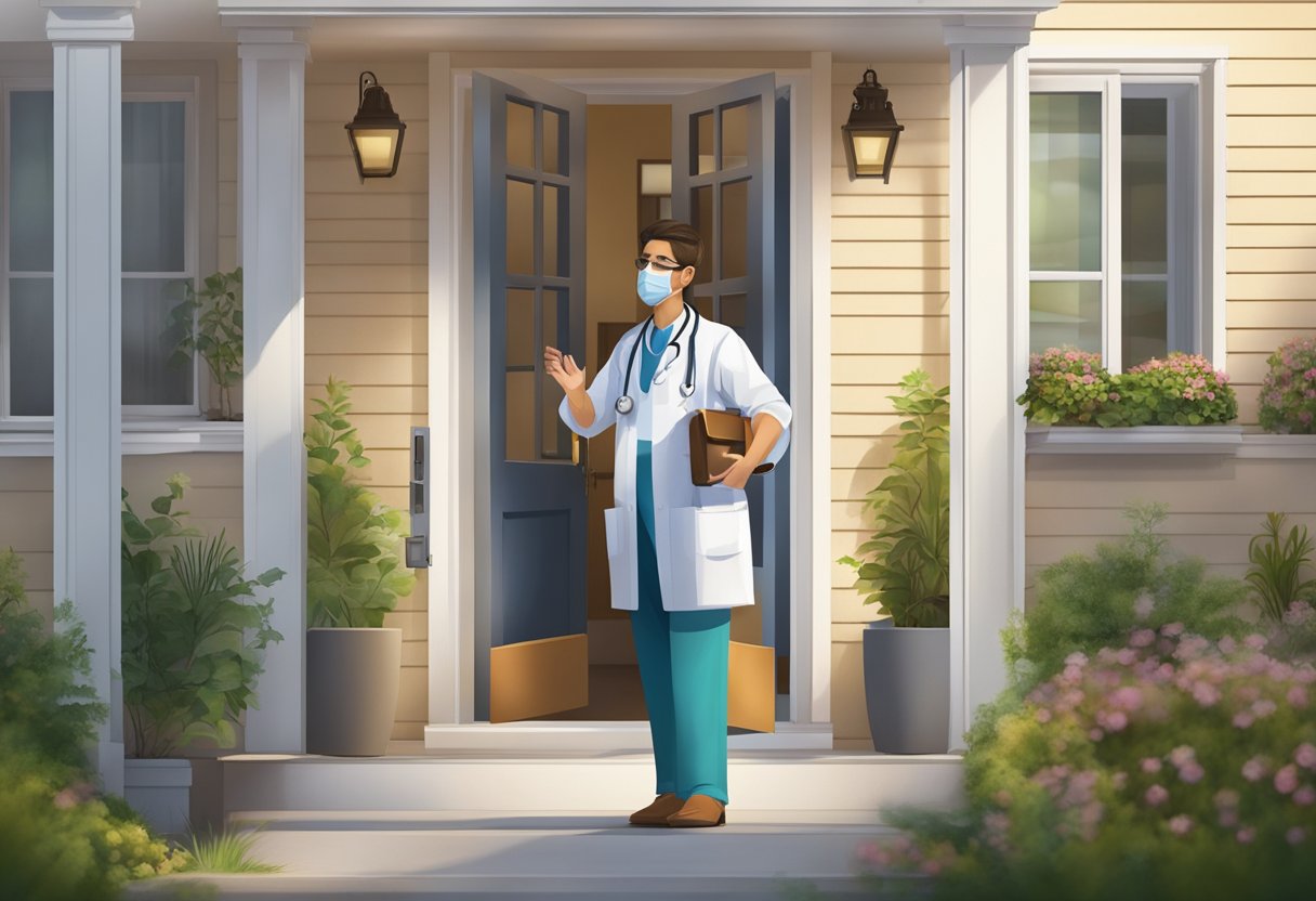 Um médico fazendo uma visita domiciliar, carregando uma maleta médica, parado na porta da frente de uma casa com um paciente acolhedor dentro.