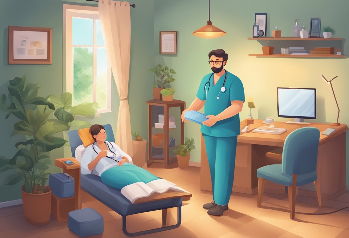 Um médico fazendo uma visita domiciliar, carregando uma bolsa médica e prestando cuidados a um paciente em um ambiente acolhedor.