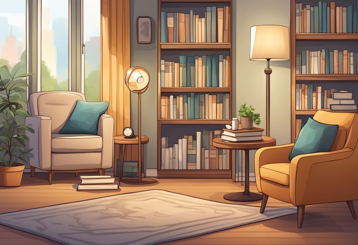 Uma sala de estar aconchegante com uma poltrona confortável, uma mesa lateral com uma lâmpada e uma estante cheia de livros e equipamentos médicos.