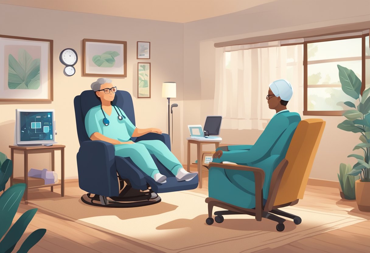 Uma sala de estar aconchegante com um paciente em uma poltrona reclinável, cercado por equipamentos médicos e dispositivos de comunicação. Um cuidador está próximo, oferecendo apoio.