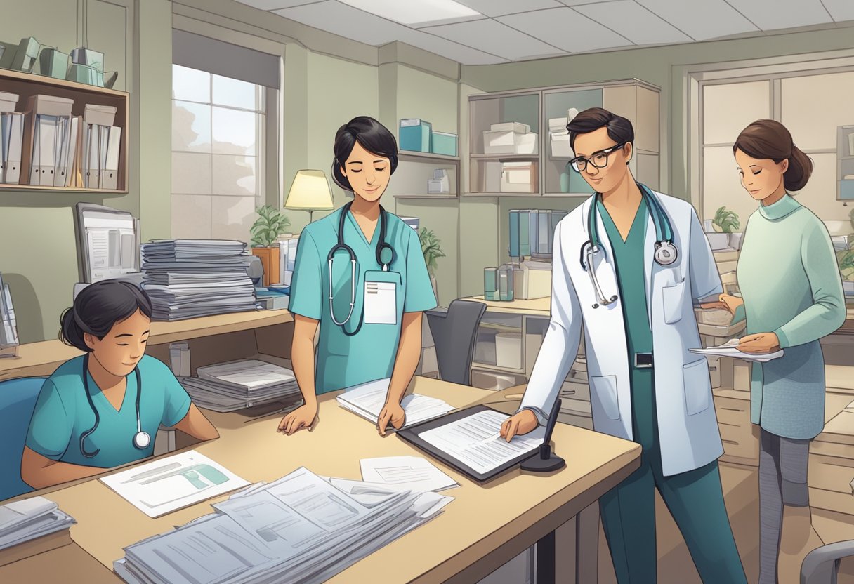 Um médico preenchendo papéis em uma mesa, cercado por equipamentos médicos e arquivos, enquanto a família de um paciente observa.