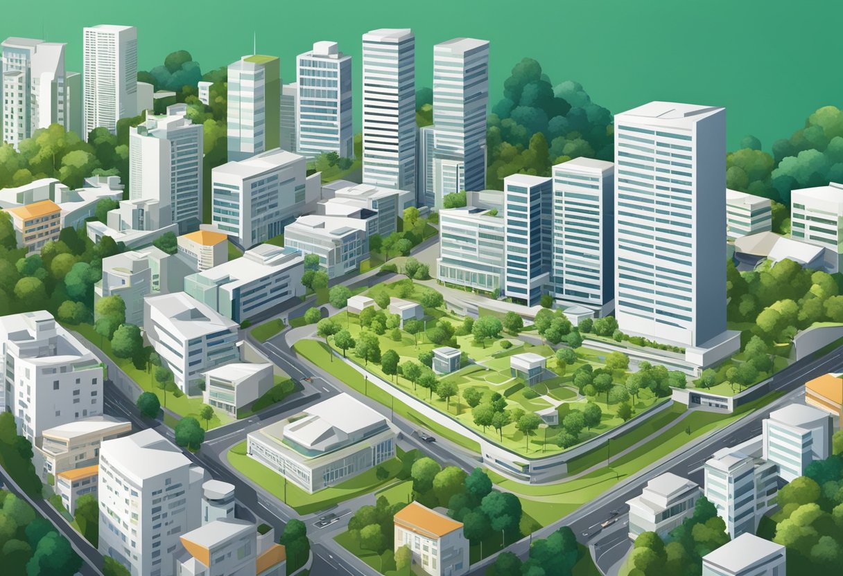 Uma vista panorâmica do distrito médico de Curitiba, com edifícios modernos e áreas verdes ao redor.