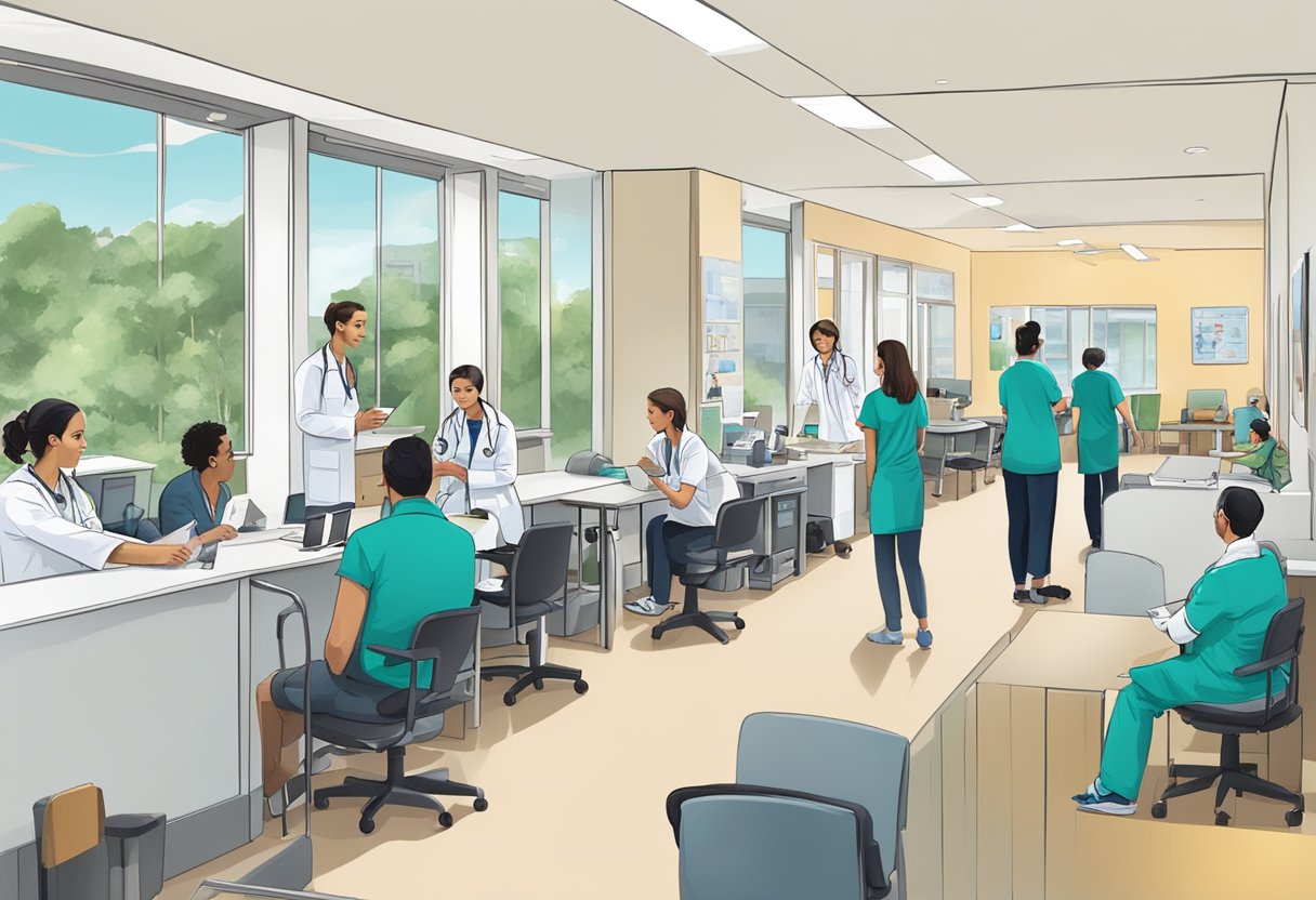 Um movimentado consultório médico em Curitiba, com médicos e pacientes interagindo em várias salas de exame e áreas de espera.