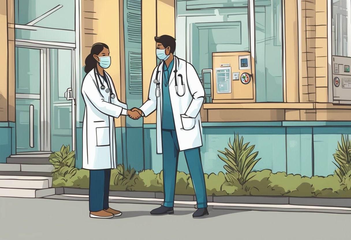 Um médico e um paciente se cumprimentando em frente a um consultório médico com uma placa que diz "Parcerias com Convênios médicos Curitiba."