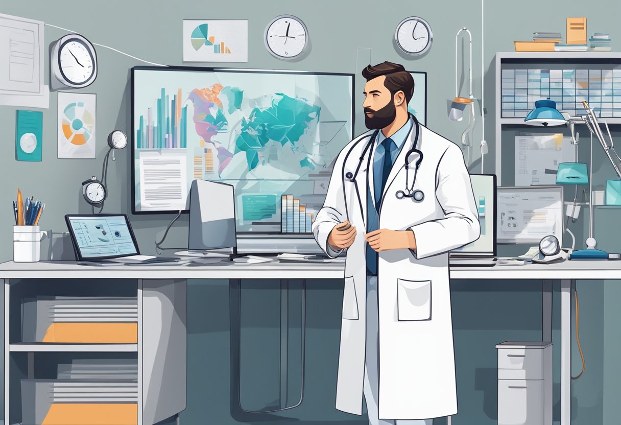 Um médico em um jaleco branco de laboratório, de pé em um escritório moderno com um estetoscópio ao redor do pescoço, cercado por equipamentos médicos e gráficos na parede.