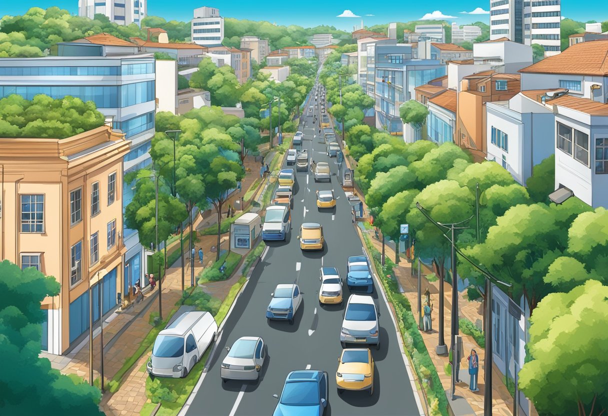 Uma rua movimentada em Curitiba, com clínicas médicas modernas ao longo da estrada, cercada por uma vegetação exuberante e um céu azul claro.