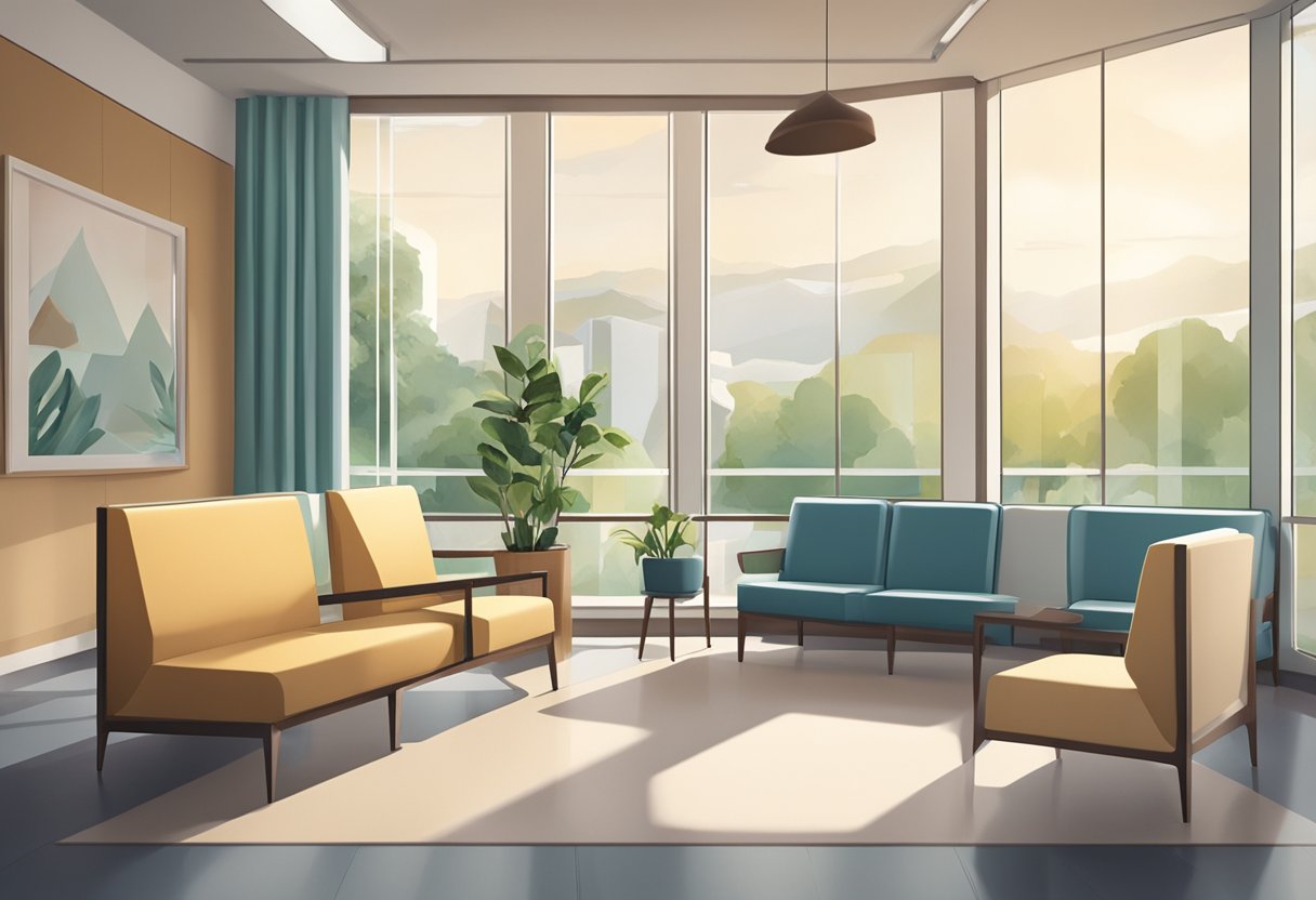 Um paciente sentado em uma área de espera confortável em um consultório médico em Curitiba, com decoração moderna e luz natural entrando por grandes janelas.