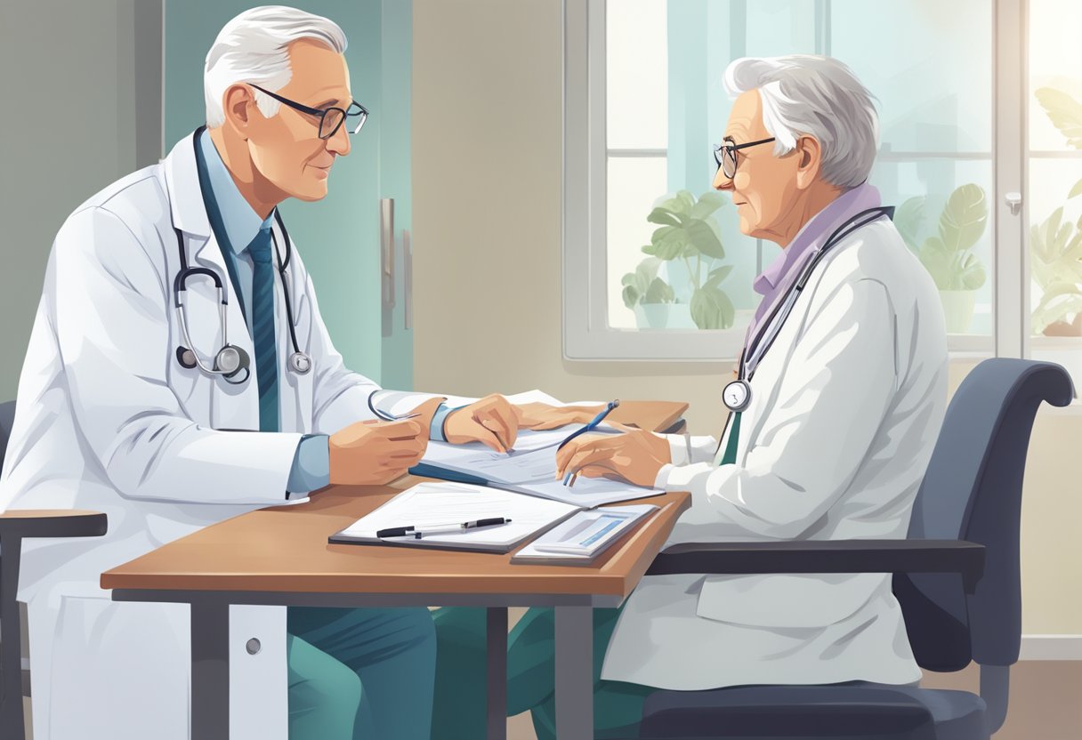 Um médico de jaleco branco sentado a uma mesa, cercado por gráficos médicos e um estetoscópio. Um paciente idoso está sentado à sua frente, envolvido em uma conversa.