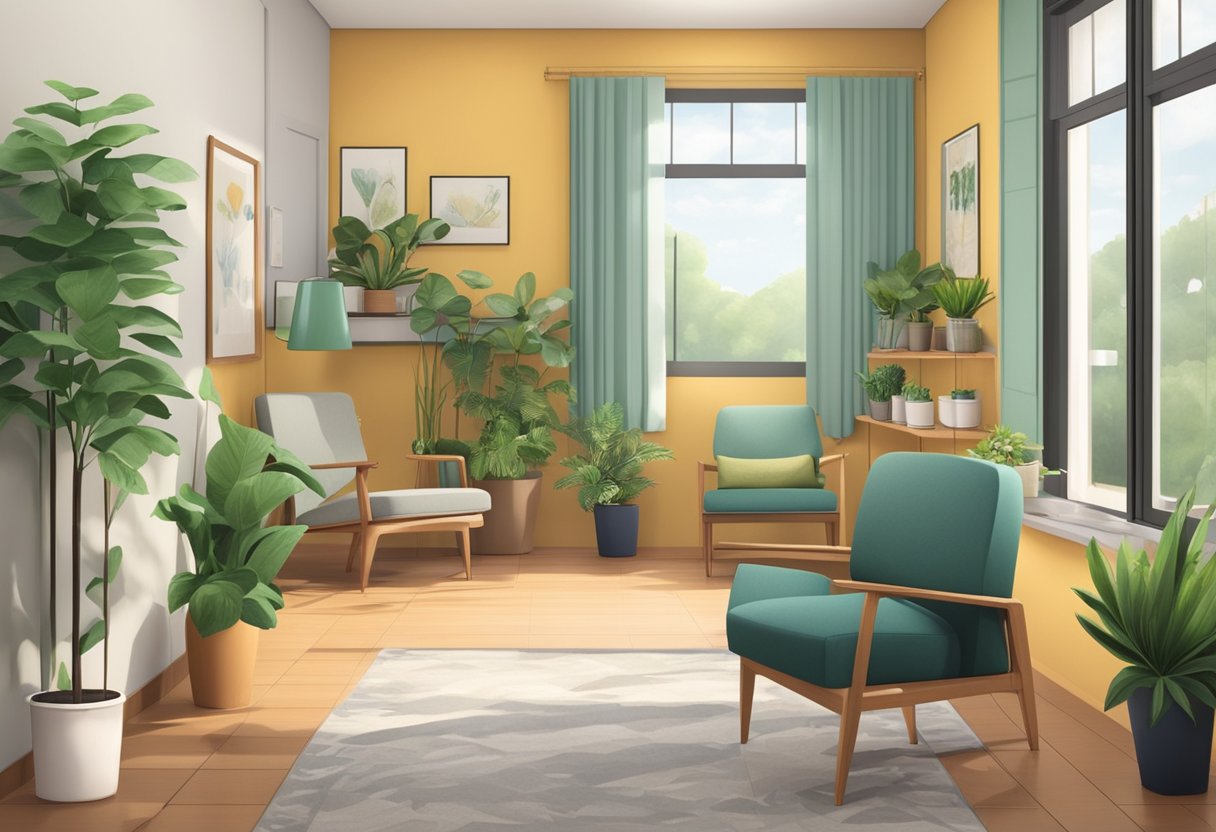 Um consultório de geriatra em Curitiba, com uma mesa, cadeira, equipamentos médicos e uma área de espera aconchegante com plantas e assentos confortáveis.