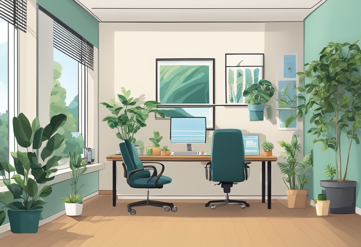 Um consultório de geriatra em Curitiba, com uma mesa, computador e equipamentos médicos. Uma área de espera confortável com cadeiras e plantas.